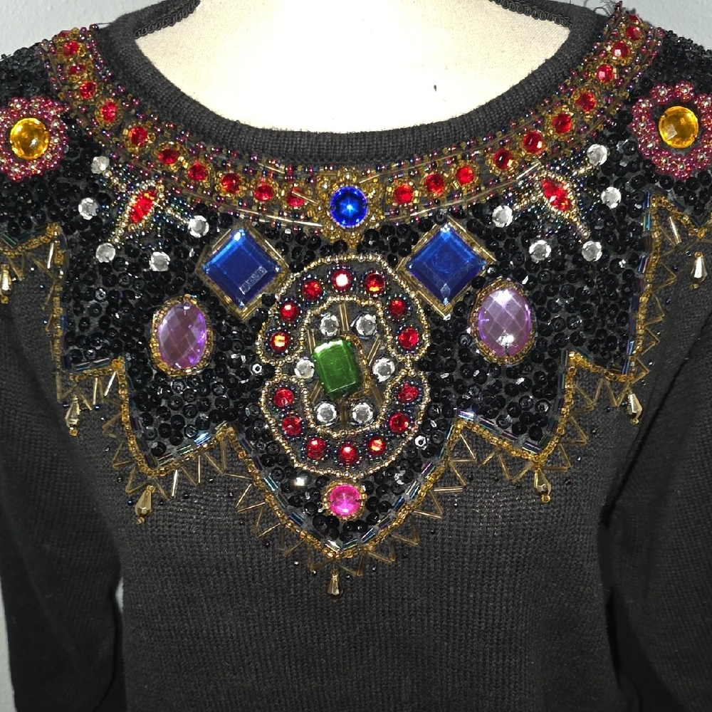 Black Jeweled Crewneck Sweater with Ornate Embellishment - Picture 8 of 8